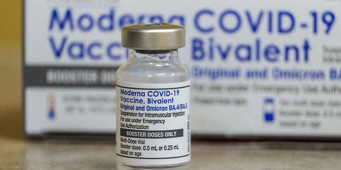 This photo shows a vial of the Moderna Covid-19 vaccine, Bivalent, at AltaMed Medical clinic in Los Angeles, California, on October 6, 2022. (Photo by RINGO CHIU / AFP) (Photo by RINGO CHIU/AFP via Getty Images)