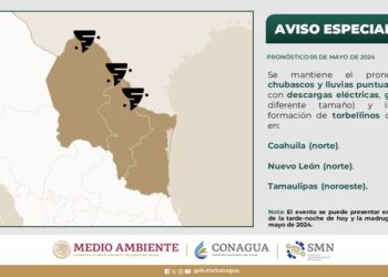 SE ESPERAN CHUBASCOS Y LLUVIAS PUNTUALES FUERTES, ADEMÁS DE LA PROBABILIDAD DE TORBELLINOS O TORNADOS EN COAHUILA.