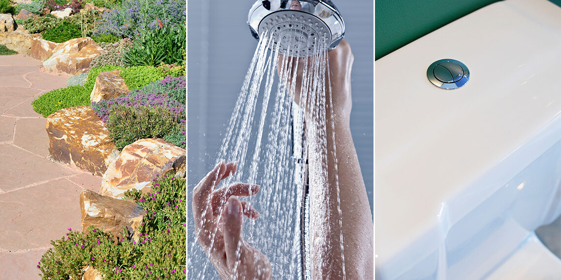 Patio que tolera la sequía, cabezal de ducha ecológico y cisterna de inodoro de doble descarga