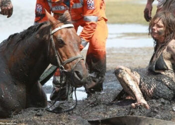 Madre joven desafía el peligro para salvar a su caballo atrapado en el barro