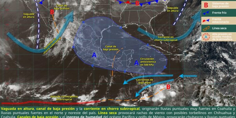 SE PREVÉN LLUVIAS PUNTUALES MUY FUERTES, VIENTOS INTENSOS Y POSIBLE FORMACIÓN DE TORBELLINOS EN COAHUILA